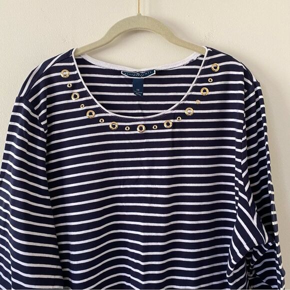 Karen Scott Striped Top with Rivet Detail Navy White Size 3x - Picture 5 of 5